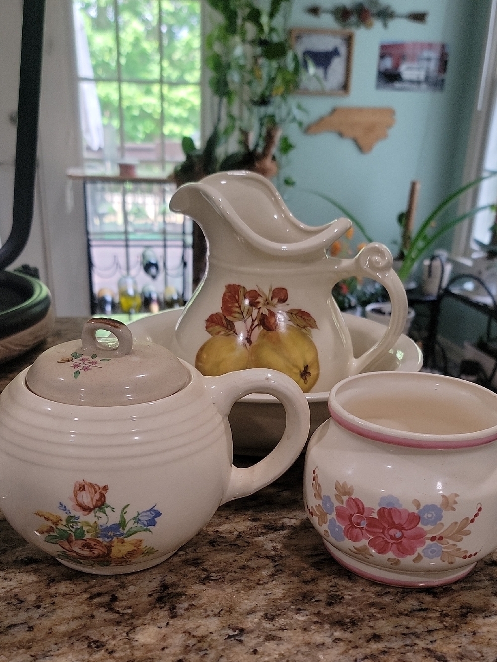 Vintage Floral Ceramic Pitcher and Sugar Set - Cream with Pink & Yellow Accents